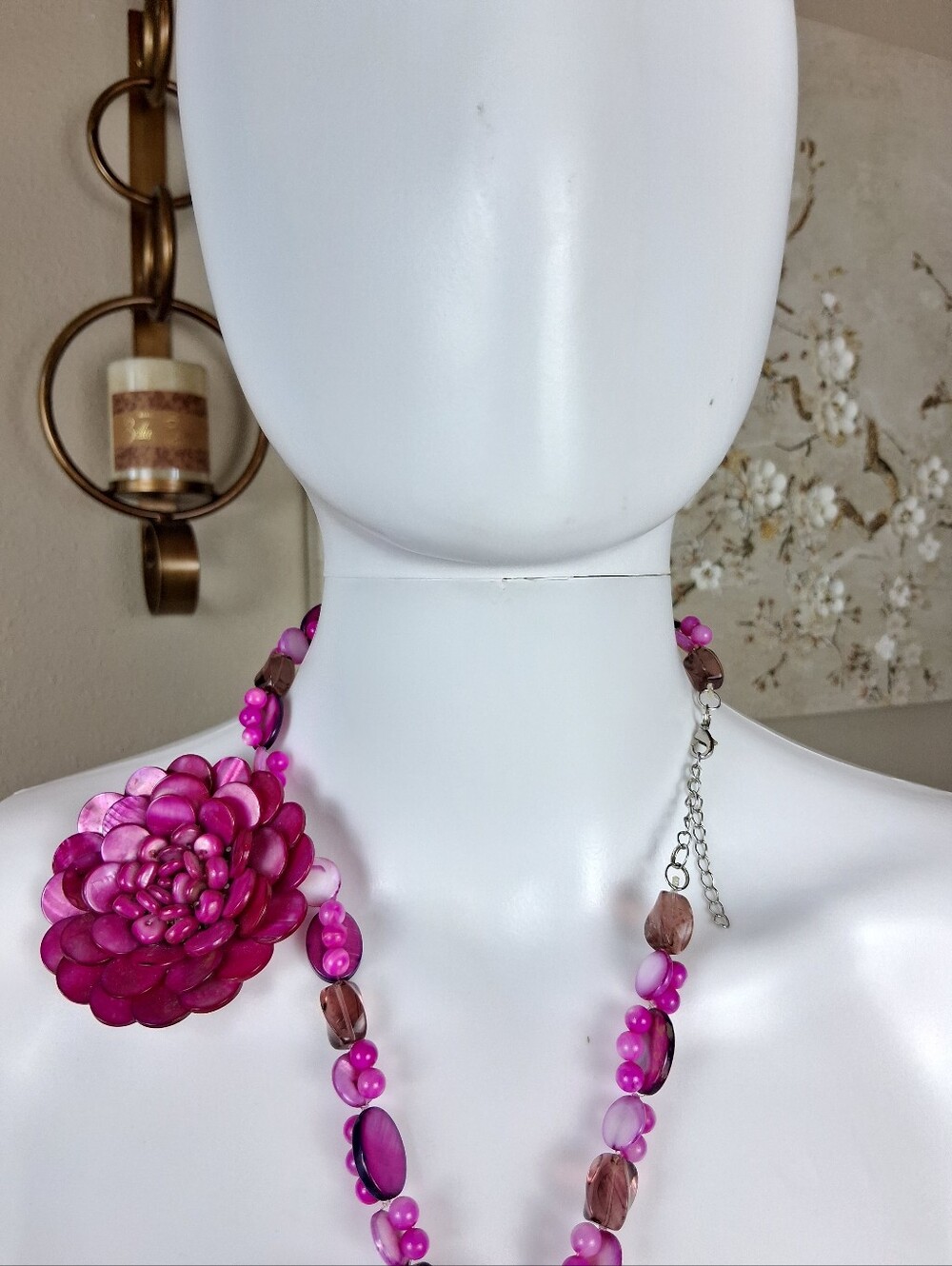 Women's Pink Floral Statement Necklace - Women Jewelry Beaded Necklaces - Picture 14 of 16